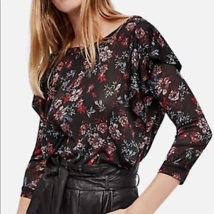 FREE PEOPLE Medium RUFFLE SHOULDER DOCK.STREET BLUE BIRD FLORAL KEYHOLE‎ BACK A1